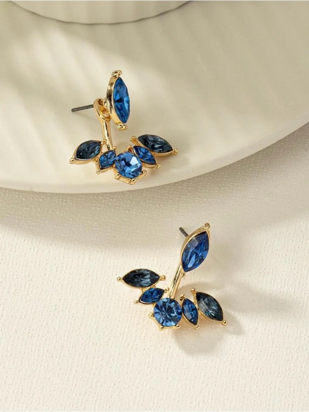 Blue Crystal Gold-Trim Stud Earrings